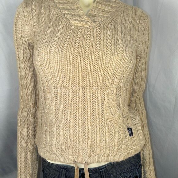Vintage Y2K Abercrombie & Fitch Lambswool Knit Hoodie Sweater | Beige Ribbed Pul - Picture 4 of 15